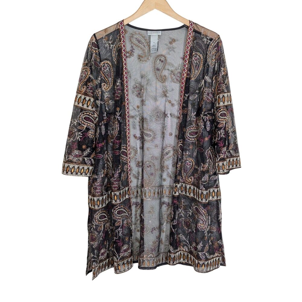 Catherines Plus Size Boho Sheer Open Front Top Jacket Size 1X Embroidery Black